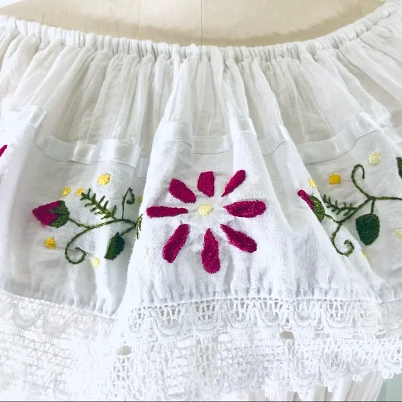 Mexican Off Shoulder Dress Floral Embroidered Lace Gauzy Cotton Size L - Picture 12 of 15